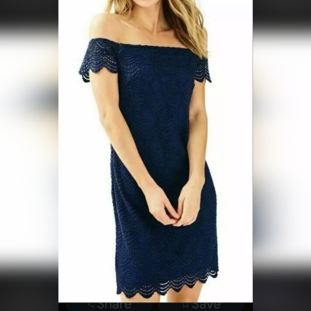 Lilly Pulitzer JADE Navy Off-Shoulder Scalopped Shell Lace Mini Dress